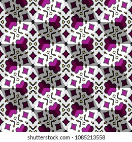 Isometric cube with a surface covered with geometric ornaments. Completely seamless, colorful cube pattern background. Optical illusion. Texture for floor, carpet, puzzles, posters or fliers.