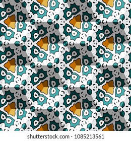 Isometric cube with a surface covered with geometric ornaments. Completely seamless, colorful cube pattern background. Optical illusion. Texture for floor, carpet, puzzles, posters or fliers.