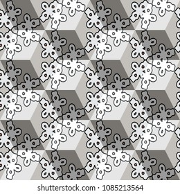 Isometric cube with a surface covered with geometric ornaments. Completely seamless, colorful cube pattern background. Optical illusion. Texture for floor, carpet, puzzles, posters or fliers.