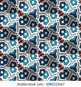 Isometric cube with a surface covered with geometric ornaments. Completely seamless, colorful cube pattern background. Optical illusion. Texture for floor, carpet, puzzles, posters or fliers.