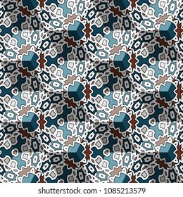 Isometric cube with a surface covered with geometric ornaments. Completely seamless, colorful cube pattern background. Optical illusion. Texture for floor, carpet, puzzles, posters or fliers.