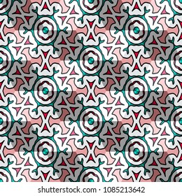 Isometric cube with a surface covered with geometric ornaments. Completely seamless, colorful cube pattern background. Optical illusion. Texture for floor, carpet, puzzles, posters or fliers.