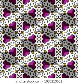 Isometric cube with a surface covered with geometric ornaments. Completely seamless, colorful cube pattern background. Optical illusion. Texture for floor, carpet, puzzles, posters or fliers.