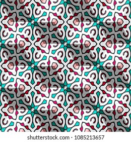 Isometric cube with a surface covered with geometric ornaments. Completely seamless, colorful cube pattern background. Optical illusion. Texture for floor, carpet, puzzles, posters or fliers.