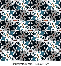 Isometric cube with a surface covered with geometric ornaments. Completely seamless, colorful cube pattern background. Optical illusion. Ornament with three-dimensional effect.