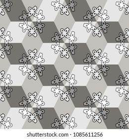 Isometric cube with a surface covered with geometric ornaments. Completely seamless, colorful cube pattern background. Optical illusion. Ornament with three-dimensional effect.