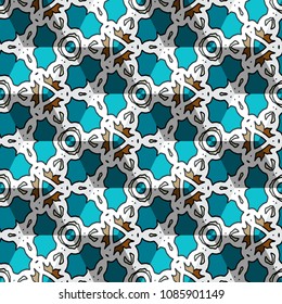 Isometric cube with a surface covered with geometric ornaments. Completely seamless, colorful cube pattern background. Optical illusion. Ornament with three-dimensional effect.