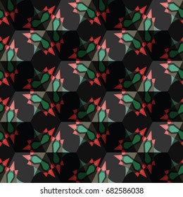 Isometric cube with a surface covered with geometric ornaments. Completely seamless, colorful cube pattern background. Optical illusion. Ornament with three-dimensional effect.