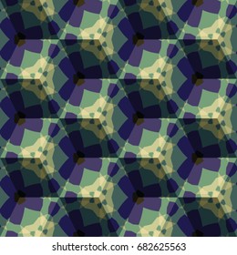 Isometric cube with a surface covered with geometric ornaments. Completely seamless, colorful cube pattern background. Optical illusion. Ornament with three-dimensional effect.