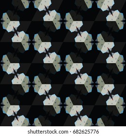 Isometric cube with a surface covered with geometric ornaments. Completely seamless, colorful cube pattern background. Optical illusion. Ornament with three-dimensional effect.