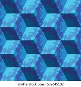 Isometric cube with a surface covered with geometric ornaments. Completely seamless, colorful cube pattern background. Optical illusion. Ornament with three-dimensional effect.