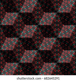 Isometric cube with a surface covered with geometric ornaments. Completely seamless, colorful cube pattern background. Optical illusion. Ornament with three-dimensional effect.