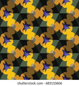 Isometric cube with a surface covered with geometric ornaments. Completely seamless, colorful cube pattern background. Optical illusion. Ornament with three-dimensional effect.