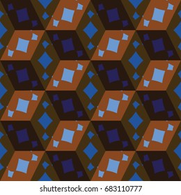 Isometric cube with a surface covered with geometric ornaments. Completely seamless, colorful cube pattern background. Optical illusion. Ornament with three-dimensional effect.