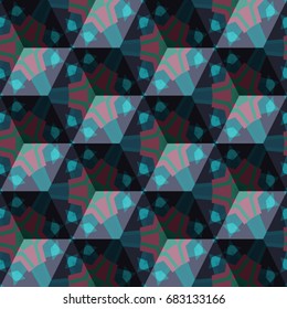 Isometric cube with a surface covered with geometric ornaments. Completely seamless, colorful cube pattern background. Optical illusion. Ornament with three-dimensional effect.