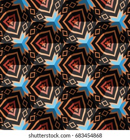 Isometric cube with a surface covered with geometric ornaments. Completely seamless, colorful cube pattern background. Optical illusion. Ornament with three-dimensional effect.