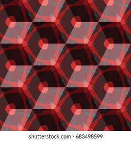 Isometric cube with a surface covered with geometric ornaments. Completely seamless, colorful cube pattern background. Optical illusion. Ornament with three-dimensional effect.