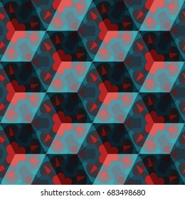 Isometric cube with a surface covered with geometric ornaments. Completely seamless, colorful cube pattern background. Optical illusion. Ornament with three-dimensional effect.