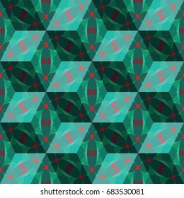 Isometric cube with a surface covered with geometric ornaments. Completely seamless, colorful cube pattern background. Optical illusion. Ornament with three-dimensional effect.