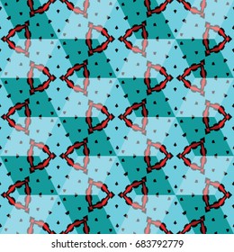 Isometric cube with a surface covered with geometric ornaments. Completely seamless, colorful cube pattern background. Optical illusion. Ornament with three-dimensional effect.