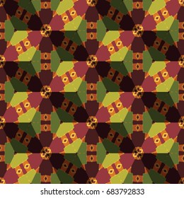 Isometric cube with a surface covered with geometric ornaments. Completely seamless, colorful cube pattern background. Optical illusion. Ornament with three-dimensional effect.
