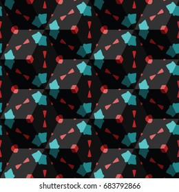 Isometric cube with a surface covered with geometric ornaments. Completely seamless, colorful cube pattern background. Optical illusion. Ornament with three-dimensional effect.