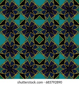 Isometric cube with a surface covered with geometric ornaments. Completely seamless, colorful cube pattern background. Optical illusion. Ornament with three-dimensional effect.