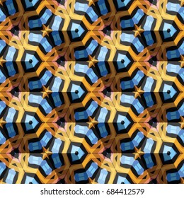 Isometric cube with a surface covered with geometric ornaments. Completely seamless, colorful cube pattern background. Optical illusion. Ornament with three-dimensional effect.