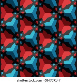 Isometric cube with a surface covered with geometric ornaments. Completely seamless, colorful cube pattern background. Optical illusion. Ornament with three-dimensional effect.