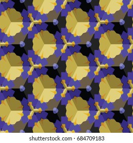 Isometric cube with a surface covered with geometric ornaments. Completely seamless, colorful cube pattern background. Optical illusion. Ornament with three-dimensional effect.