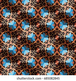 Isometric cube with a surface covered with geometric ornaments. Completely seamless, colorful cube pattern background. Optical illusion. Ornament with three-dimensional effect.