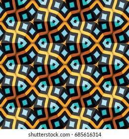 Isometric cube with a surface covered with geometric ornaments. Completely seamless, colorful cube pattern background. Optical illusion. Ornament with three-dimensional effect.