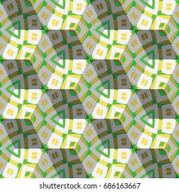 Isometric cube with a surface covered with geometric ornaments. Completely seamless, colorful cube pattern background. Optical illusion. Ornament with three-dimensional effect.