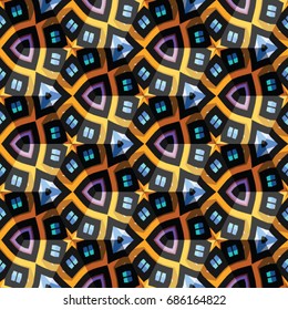 Isometric cube with a surface covered with geometric ornaments. Completely seamless, colorful cube pattern background. Optical illusion. Ornament with three-dimensional effect.
