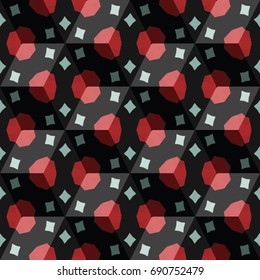 Isometric cube with a surface covered with geometric ornaments. Completely seamless, colorful cube pattern background. Optical illusion. Ornament with three-dimensional effect.