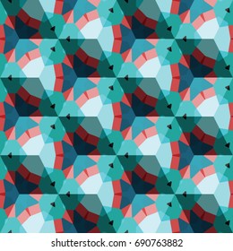 Isometric cube with a surface covered with geometric ornaments. Completely seamless, colorful cube pattern background. Optical illusion. Ornament with three-dimensional effect.