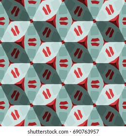 Isometric cube with a surface covered with geometric ornaments. Completely seamless, colorful cube pattern background. Optical illusion. Ornament with three-dimensional effect.