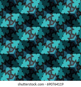 Isometric cube with a surface covered with geometric ornaments. Completely seamless, colorful cube pattern background. Optical illusion. Ornament with three-dimensional effect.