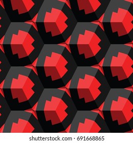 Isometric cube with a surface covered with geometric ornaments. Completely seamless, colorful cube pattern background. Optical illusion. Ornament with three-dimensional effect.