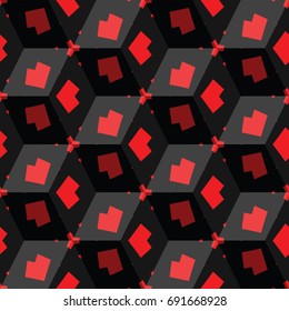 Isometric cube with a surface covered with geometric ornaments. Completely seamless, colorful cube pattern background. Optical illusion. Ornament with three-dimensional effect.