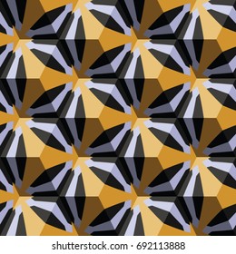 Isometric cube with a surface covered with geometric ornaments. Completely seamless, colorful cube pattern background. Optical illusion. Ornament with three-dimensional effect.