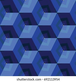 Isometric cube with a surface covered with geometric ornaments. Completely seamless, colorful cube pattern background. Optical illusion. Ornament with three-dimensional effect.