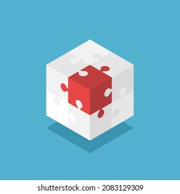 Isometric cube with unique puzzle piece. Uniqueness, individuality, solution, creativity, idea, innovation and teamwork concept. Flat design. Vector illustration. EPS 8, no gradients, no transparency