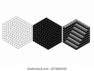 Isometric cube vector design in outline, solid black, and 3D gradient styles. Ideal for geometric patterns, 3D illustrations, and modern graphic design projects