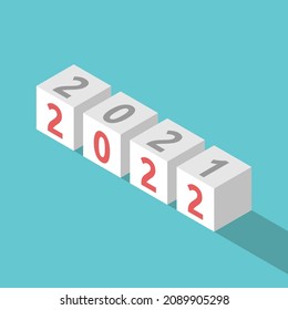 Isometric cubes with 2021 and 2022 text. New Year, countdown, beginning, time, future, expectation and anticipation concept. Flat design. EPS 8 vector illustration, no transparency, no gradients