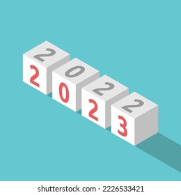 Cubos isométricos con texto 2022 y 2023. Año Nuevo, cuenta regresiva, principio, tiempo, futuro, expectativa y concepto de anticipación. Diseño plano. Ilustración vectorial EPS 8, sin transparencia, sin gradientes