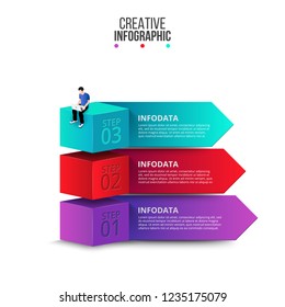 Isometric cubes with arrows and seated man with a laptop. Creative concept for infographic with 3 steps, options, parts or processes.