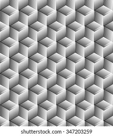 Isometric Cubes Engraving Seamless Texture. Black Strokes Background. Vector Illustration.