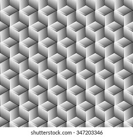 Isometric Cubes Engraving Seamless Texture. Black Strokes Background. Vector Illustration.