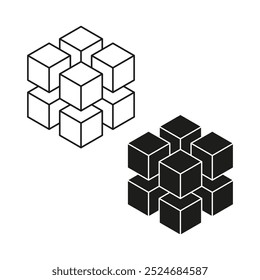 Isometric cubes icon. Geometric block structure vector. Black and white design. Abstract shapes.
